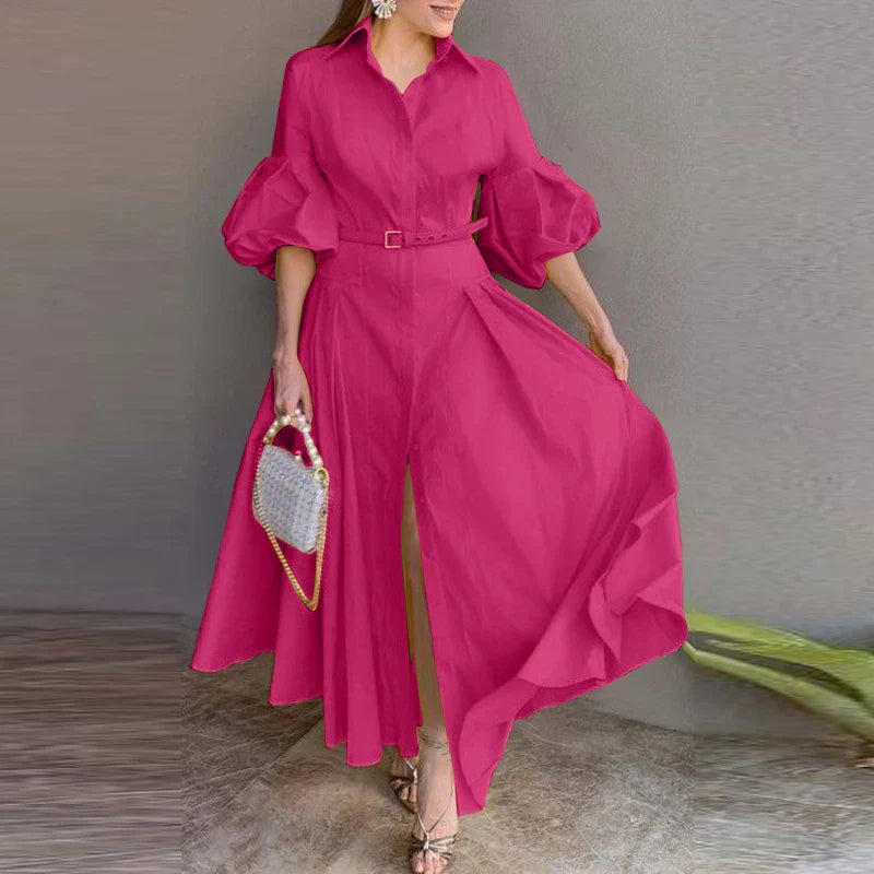 Plus size 5XL VONDA elegant maxi dress for women featuring a luxurious lantern sleeve design and intricate button details, perfect for a sophisticated casual look.