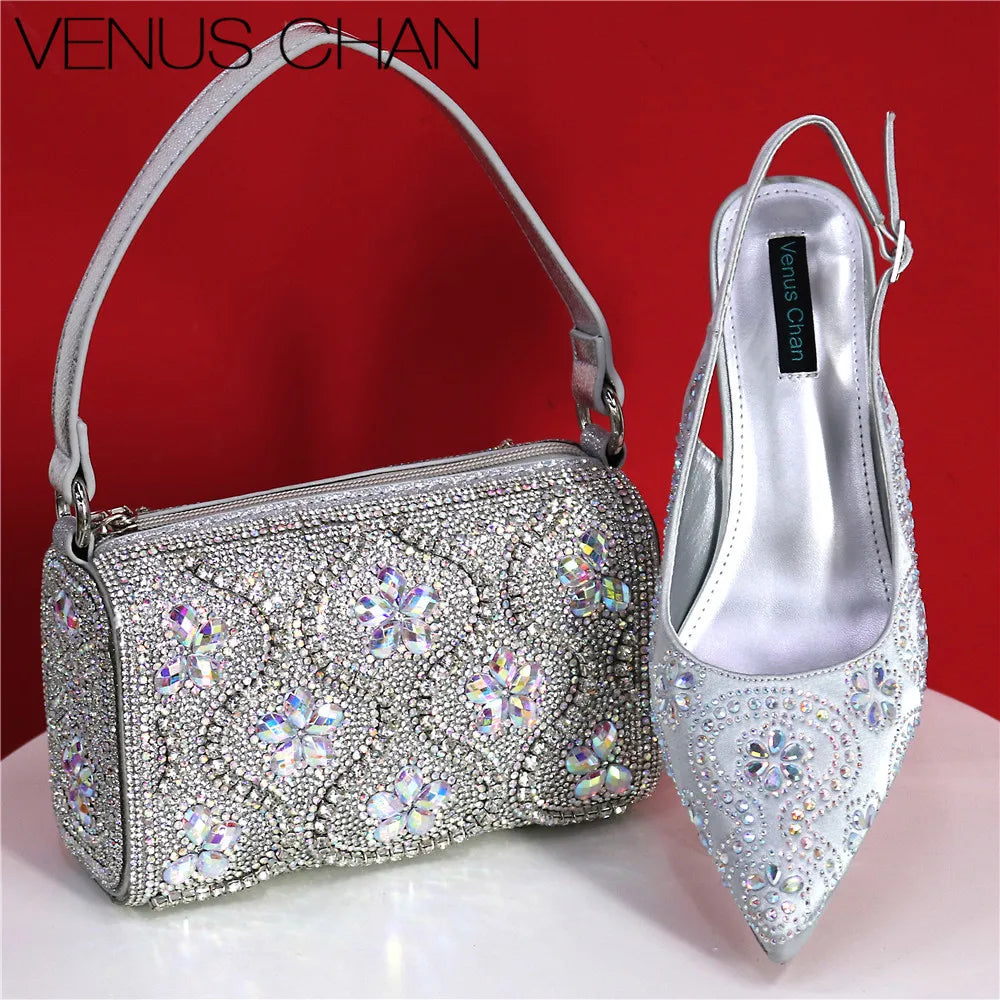 Fuchsia high heel shoe and handbag set artfully displayed, designed for the modern woman seeking luxury and comfort.