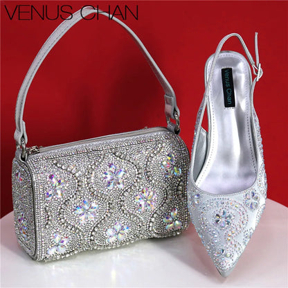 Fuchsia high heel shoe and handbag set artfully displayed, designed for the modern woman seeking luxury and comfort.