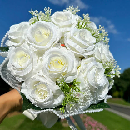 Chic silk wedding bouquet showcasing beautiful babysbreath roses, intricately designed with pearl lace for brides and bridesmaids.