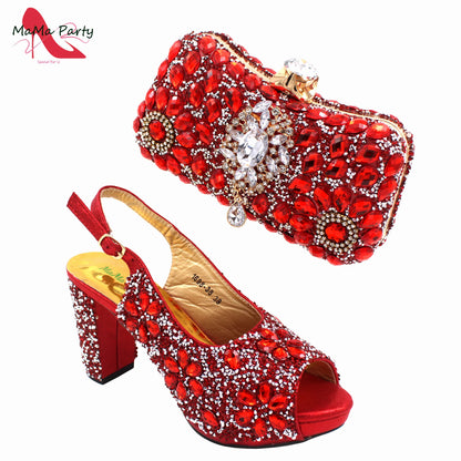Matching luxury handbag set featuring sparkling crystals, designed to complement the red peep toe sandals for a stunning ensemble.
