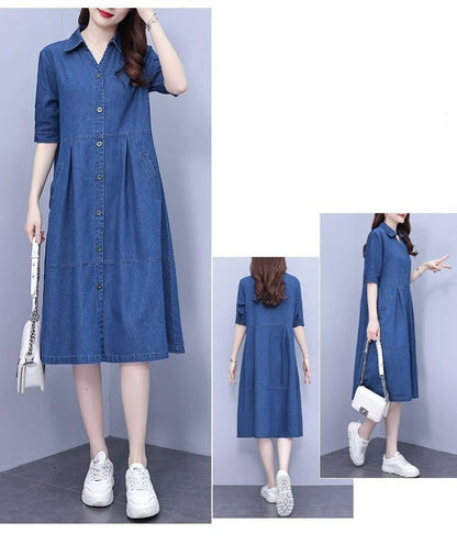 Chic and sophisticated casual short sleeve denim dress in 5XL size, designed for the modern woman who values style and comfort, shown from an artistic perspective.