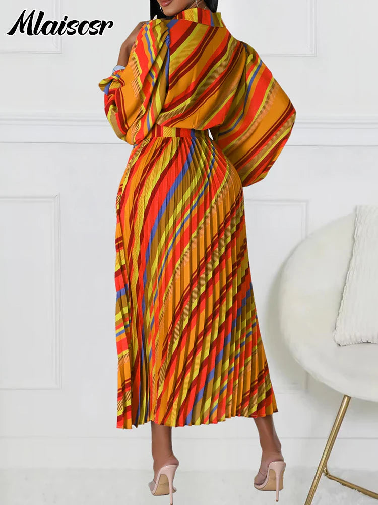 Mlaiscsr Striped V Neck Long Sleeve Pleated Midi Dress for Women, showcasing elegant bohemian style and high-waisted design, perfect for sophisticated autumn and winter outings.