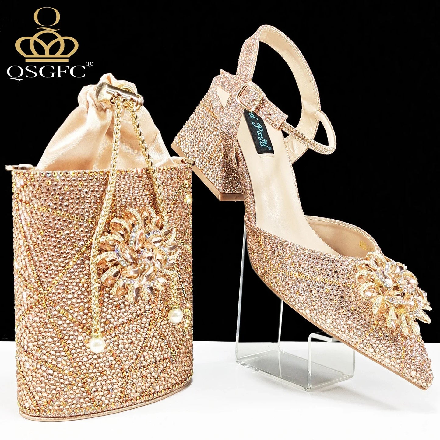 Elegant QSGFC women's high heel pumps with a pointed toe design, featuring luxury diamond embellishments, perfect for special occasions. Available in sizes 38-43.