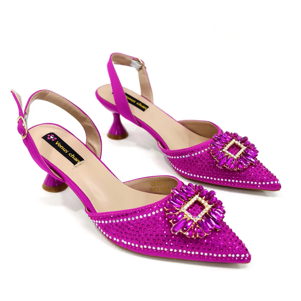 Matching handbag set for women featuring a chic metal handle, complementing the elegant party shoes in a stunning colour.