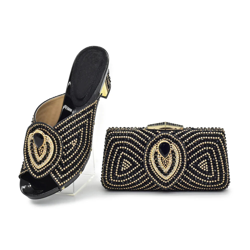 Matching handbag set for women with rhinestone detailing, designed to complement elegant high heel shoes for a chic look.