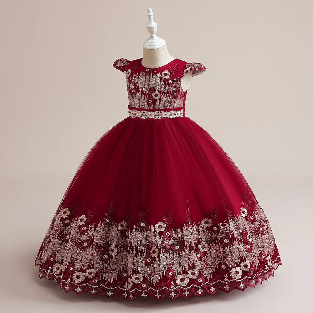 Luxurious ankle-length princess dress for children featuring intricate floral patterns, suitable for formal events.