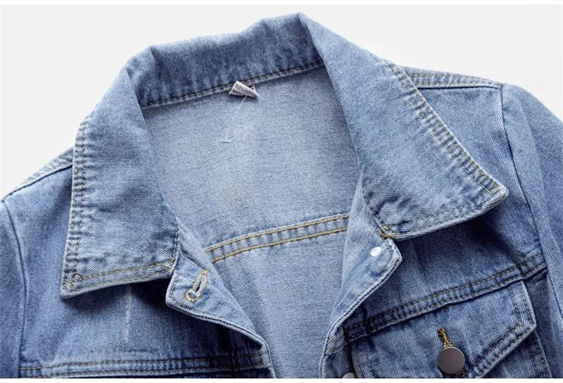 Close-up of the stylish loose denim jacket showcasing its premium fabric and intricate button details.