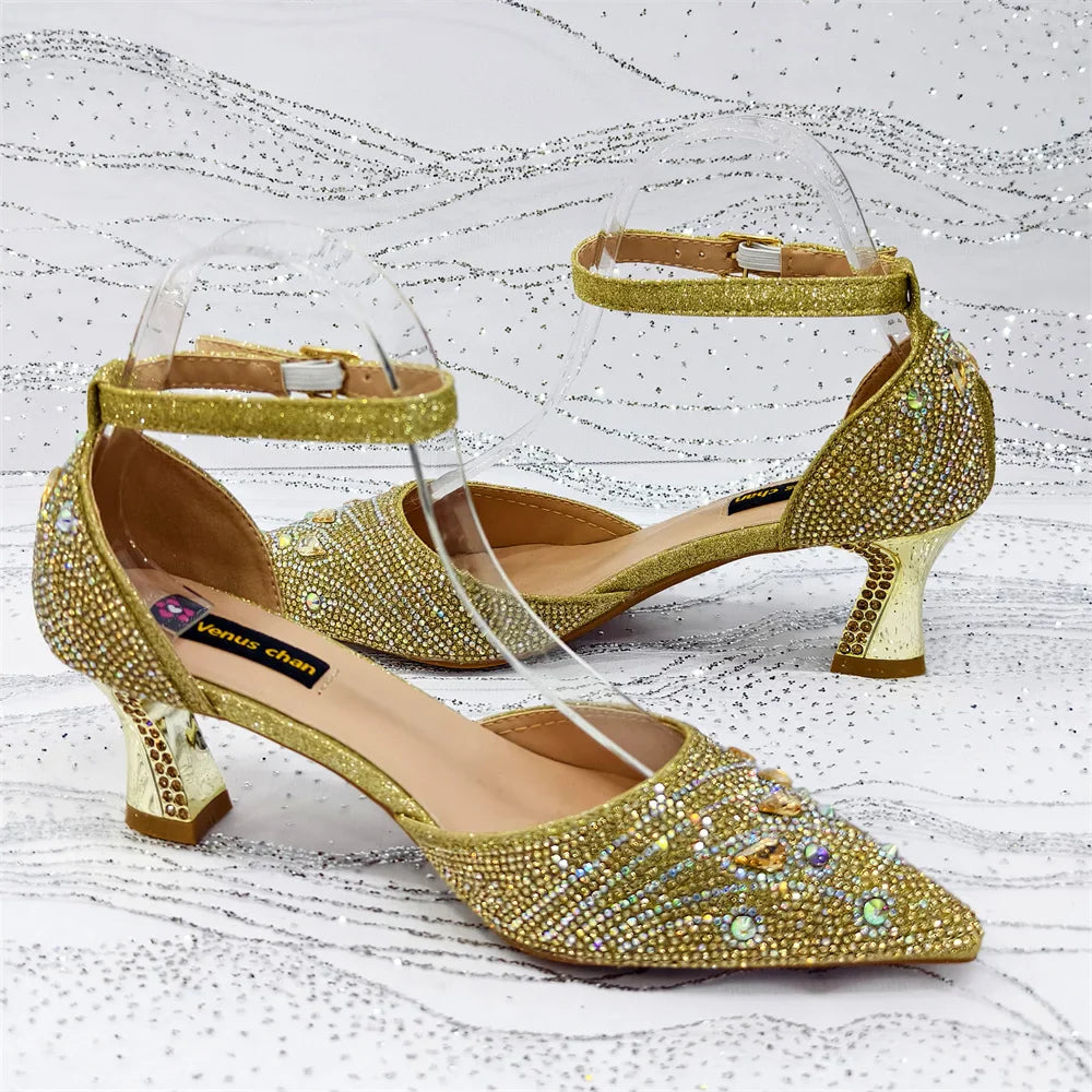 Complete luxury ensemble featuring elegant women's rhinestone pumps and matching bag, perfect for parties and upscale events.