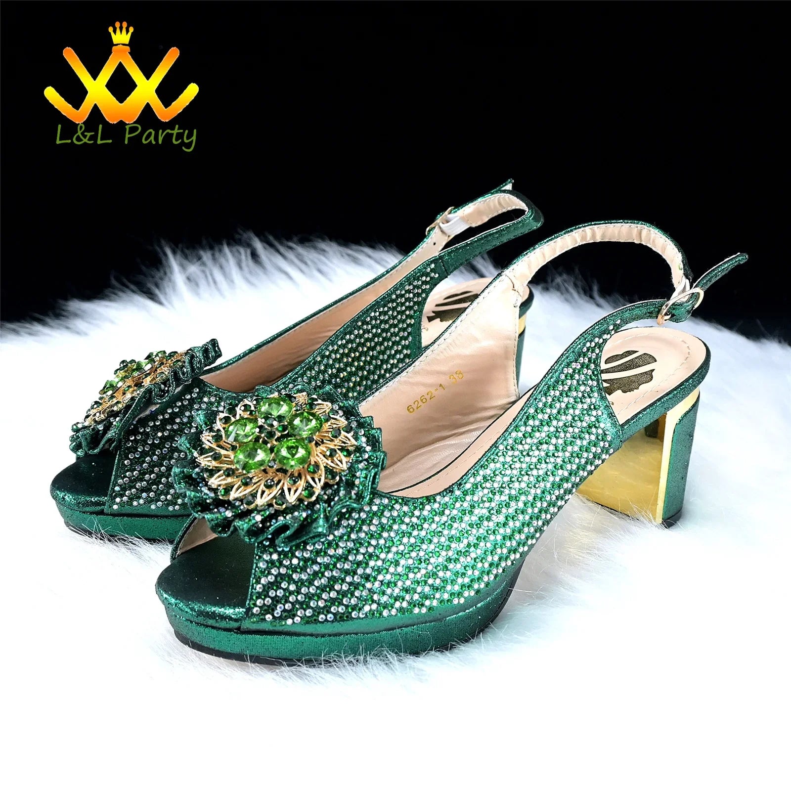 Close-up of Italian crystal detailing on luxurious green platform sandals, highlighting the exquisite craftsmanship and sophisticated design ideal for weddings.