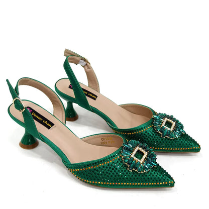 Sophisticated handbag with a metal handle, paired with elegant women's party shoes with a comfortable fit, perfect for special occasions.