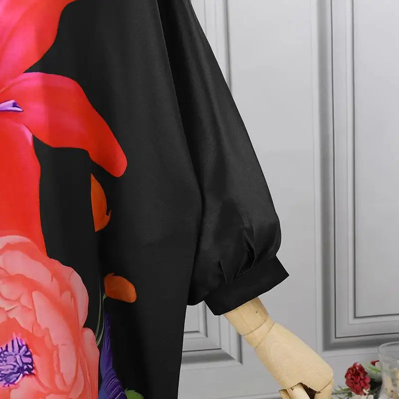 Elegant Plus Size 5XL VONDA Women’s Bohemian Floral Midi Dress showcased with batwing sleeves and a flattering V-neck design, perfect for all occasions.