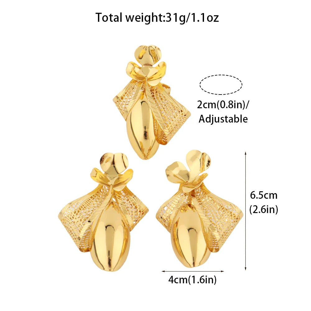 Close-up of the stylish gold plated earrings from the set, highlighting the exquisite craftsmanship and attention to detail.