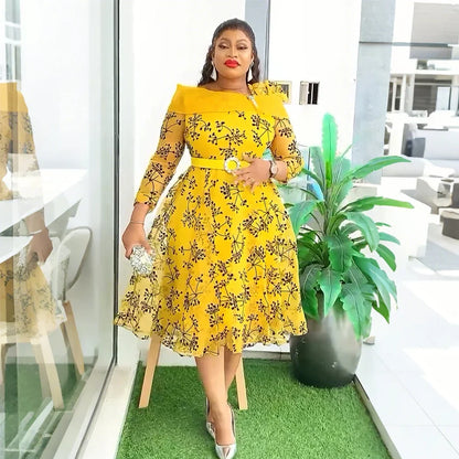 Glamorous view of a Muslim print long evening dress, tailored for plus size women, exuding elegance and charm for any party.