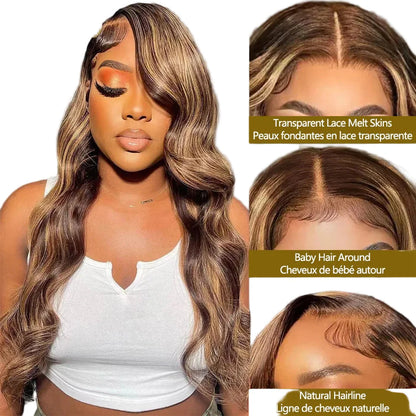 Elegant display of the Swiss lace base of the P4/27 Highlight Color Body Wave Human Hair Wig, highlighting its high-quality Brazilian Remy hair and 180% density.