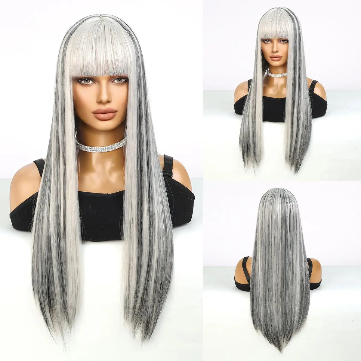 Chic long black synthetic wig highlighted with red, perfect for achieving a bold and sophisticated appearance for any occasion.