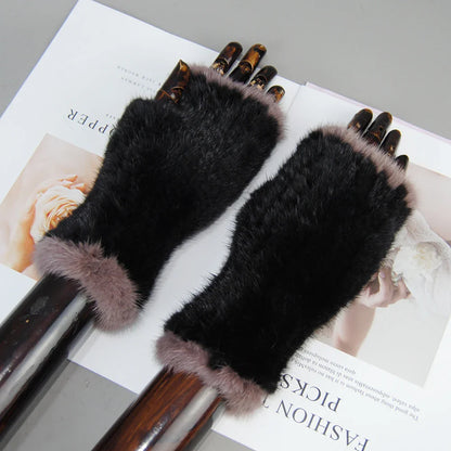 Close-up view of luxury women's mink fur gloves showcasing the intricate knitted design and plush texture for warmth and sophistication.