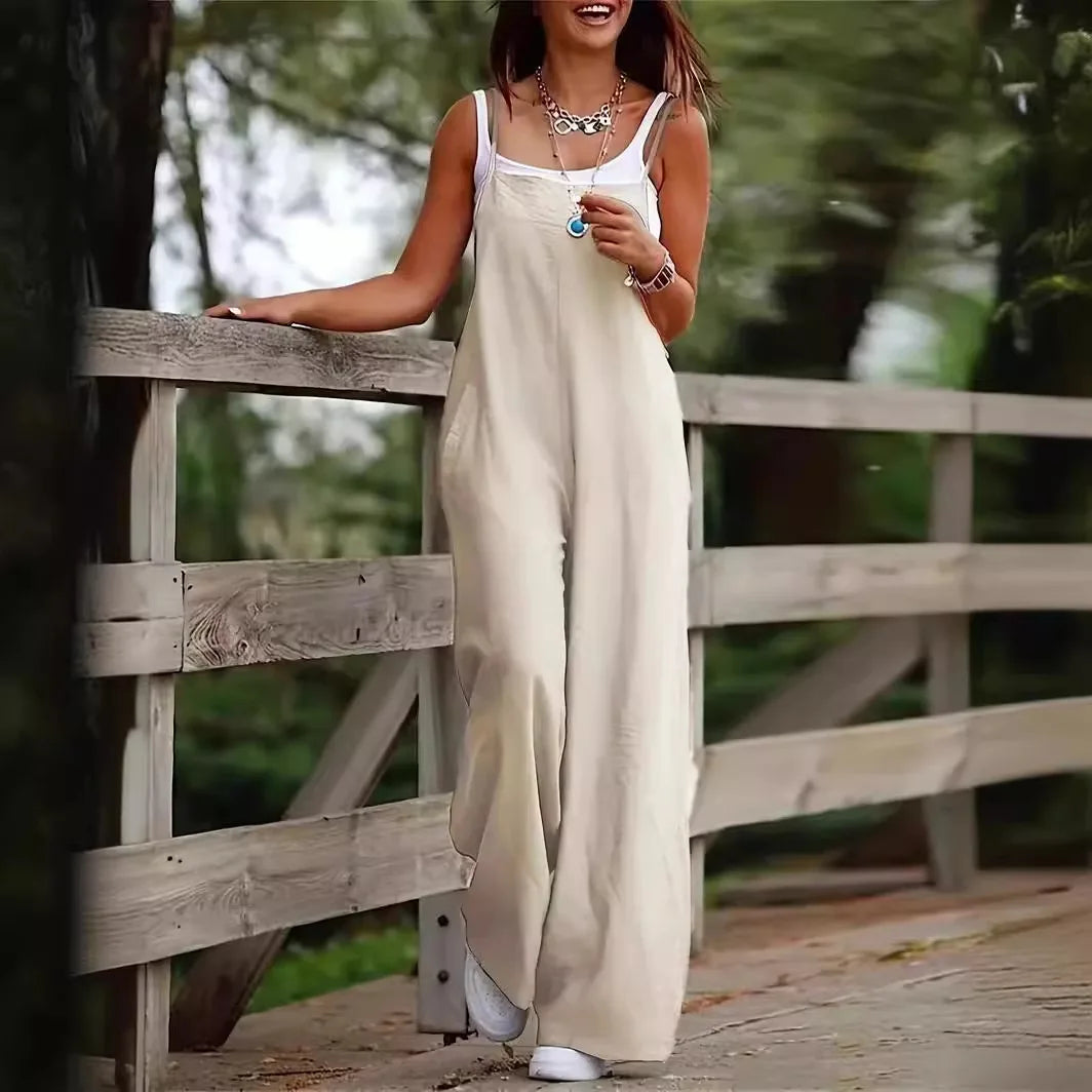 Sophisticated Ankle-Length Women's Jumpsuit crafted from Premium Cotton Linen, Showcasing a Timeless Solid Pattern and Generous Fit.