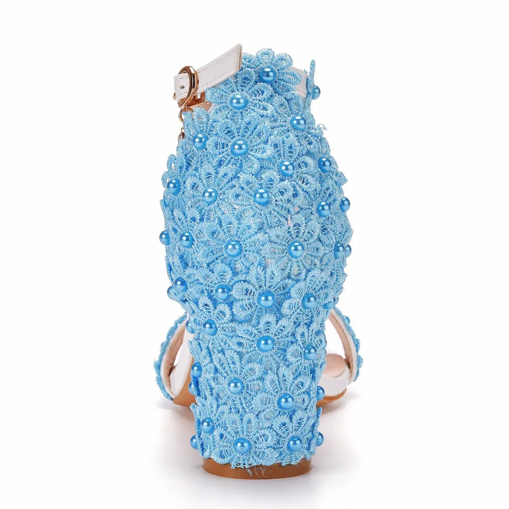 Luxury plus size women’s high heel gladiator sandals in white embellished with lace flowers and beads, perfect for formal dress occasions.