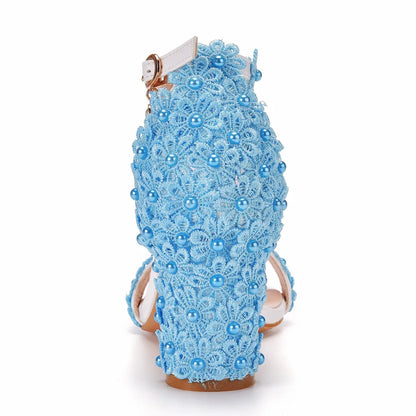 Luxury plus size women’s high heel gladiator sandals in white embellished with lace flowers and beads, perfect for formal dress occasions.