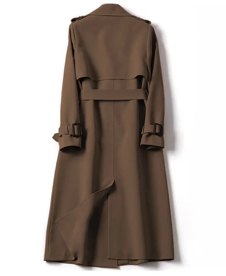 Luxury women's long sleeve double breasted trench coat with elegant pockets for sophisticated office and street style.