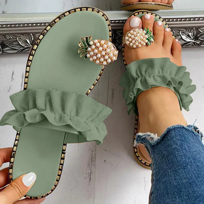 Stunning profile view of Women's Pineapple Pearl Flat Toe Sandals, designed for ultimate comfort with a flat heel, elegantly crafted for summer casual outings.
