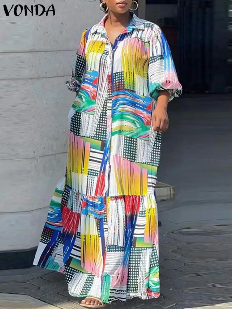 Elegant VONDA Plus Size Bohemian Maxi Dress in vibrant orange and yellow prints, featuring long lantern sleeves and a turn-down collar, ideal for all-season occasions.