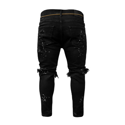 Close-up of high-quality skinny cargo pants for men, showcasing the luxurious denim fabric and intricate hollow-out decoration.
