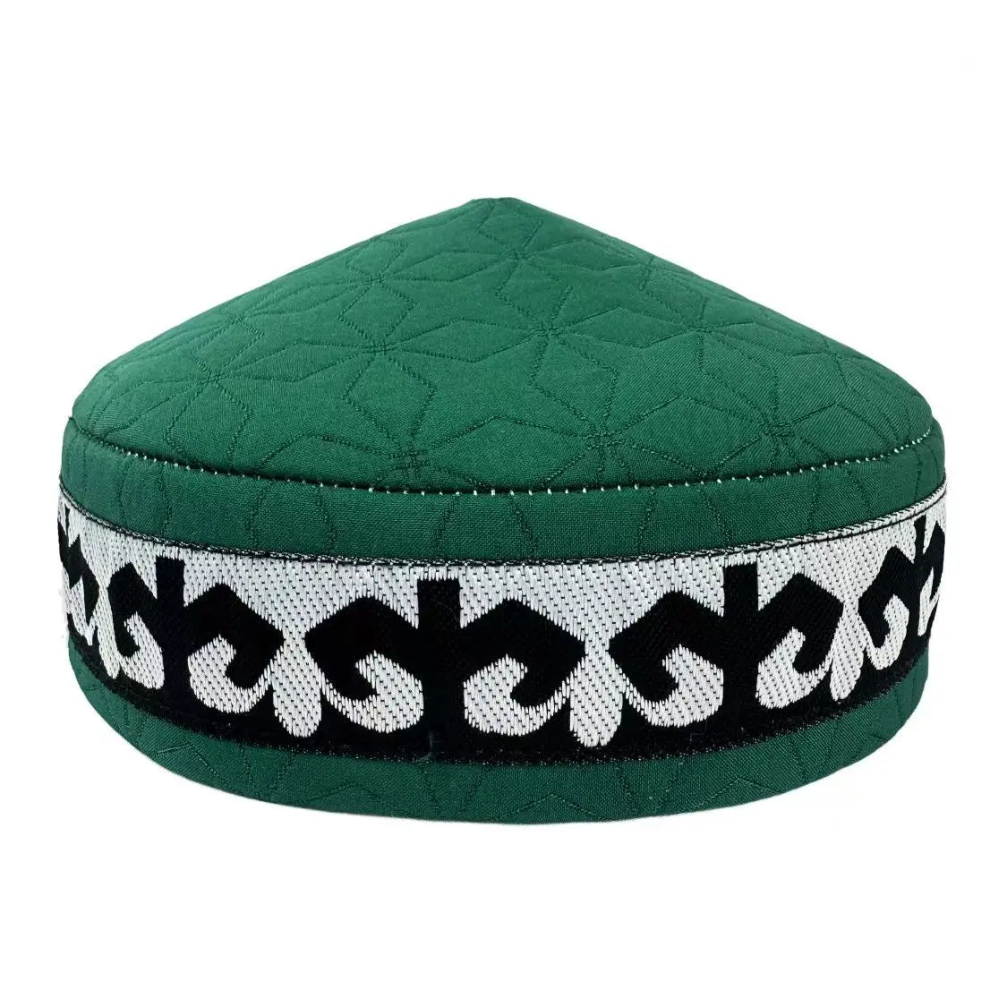 Luxurious green embroidered kufi cap, crafted with precision from fine cotton, ideal for year-round elegance.