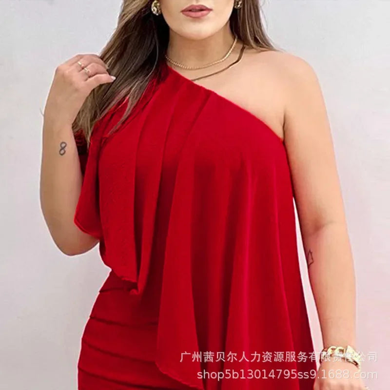 Luxury women's red one shoulder A-line dress, perfect for office and evening wear, showcasing high stretch polyester fabric.