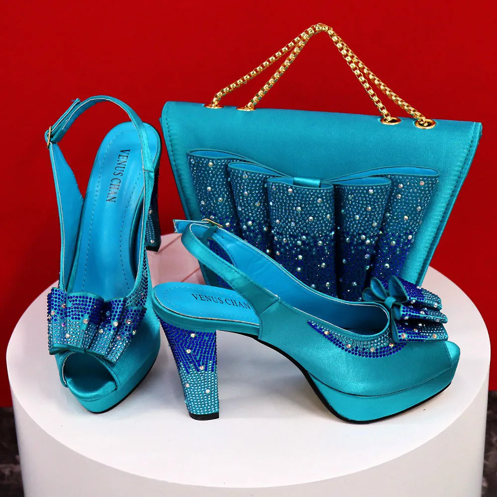 Stylish pointed toe slingback sandals in coffee accompanied by a matching handbag, perfect ensemble for women's evening wear.