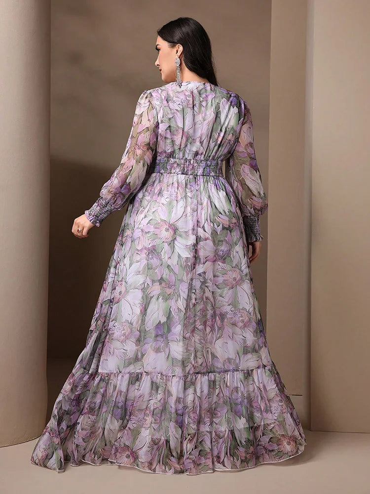 Stylish full-length view of TOLEEN Plus Size Women’s Floral Print Dress, showcasing a flattering A-line silhouette and intricate ruffle details.