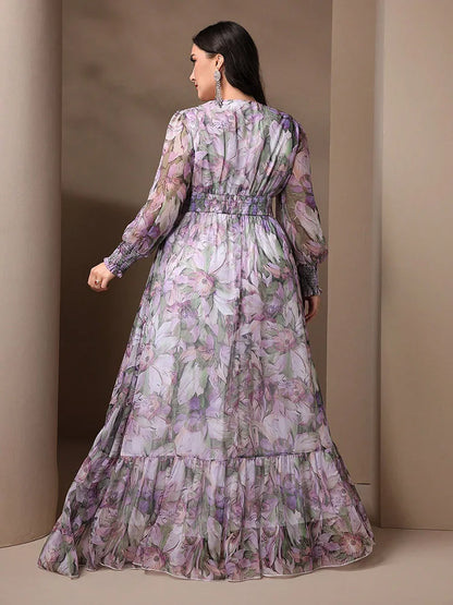 Stylish full-length view of TOLEEN Plus Size Women’s Floral Print Dress, showcasing a flattering A-line silhouette and intricate ruffle details.