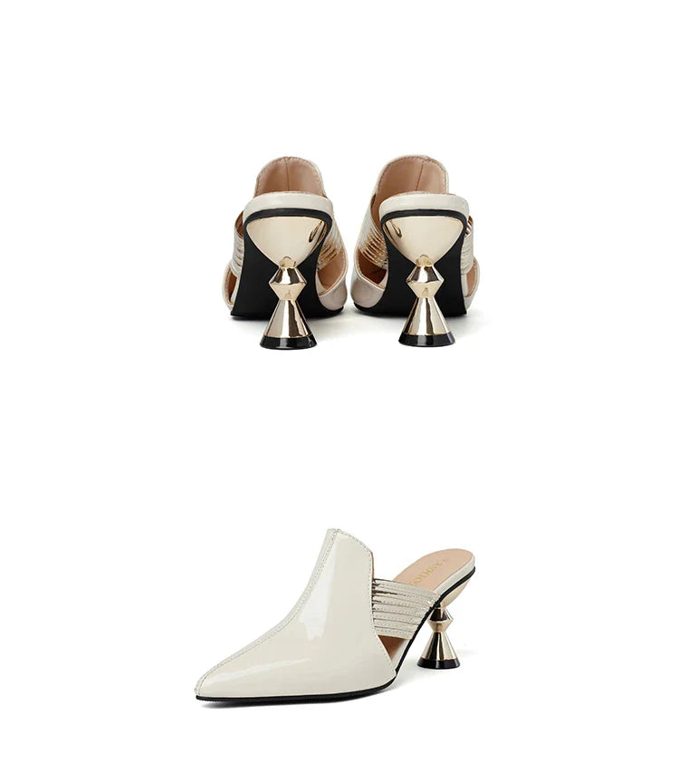 Chic green high heel mules with a striking metal heel, designed for fashionable women looking for sophistication.