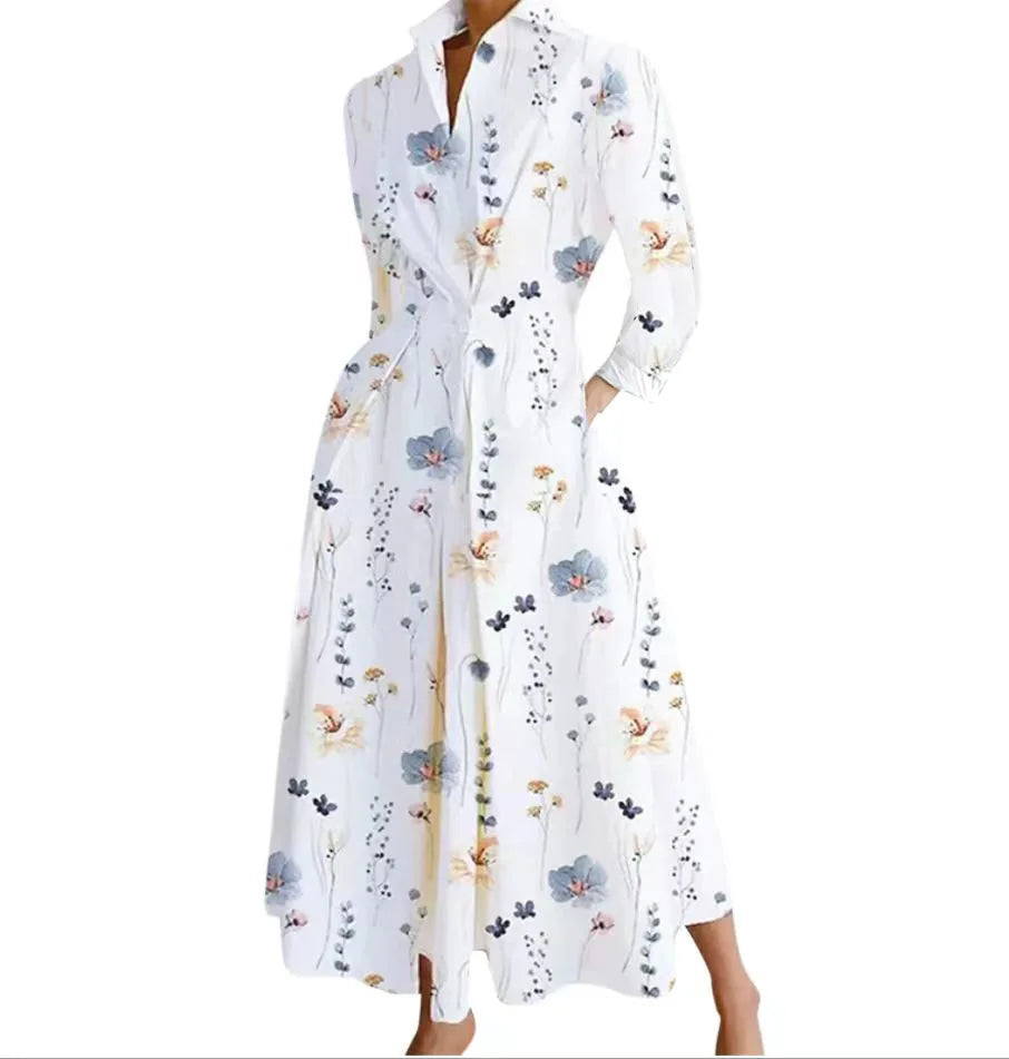 Elegant plus size women's ankle-length shirt dress featuring a sophisticated V-neck design and artistic oil painting print, ideal for casual parties.