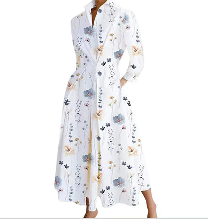 Elegant plus size women's ankle-length shirt dress featuring a sophisticated V-neck design and artistic oil painting print, ideal for casual parties.