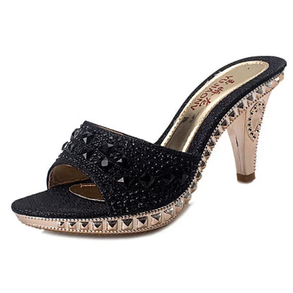 Fashionable high heeled sandals for women with crystal embellishments, ideal for evening events and special occasions.