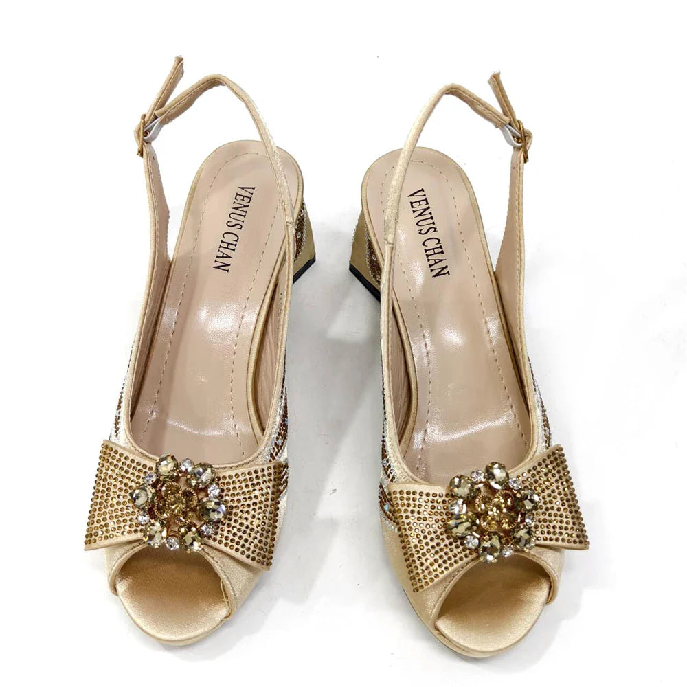 Close-up of the exquisite rhinestone detailing on the Venus Chan peep toe high heels set in regal purple, ideal for elegant occasions