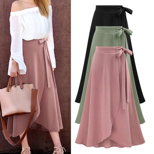 Chic high waist A-line long skirt for women in elegant solid colour featuring a stylish slit and bow detail, perfect for summer casual wear.