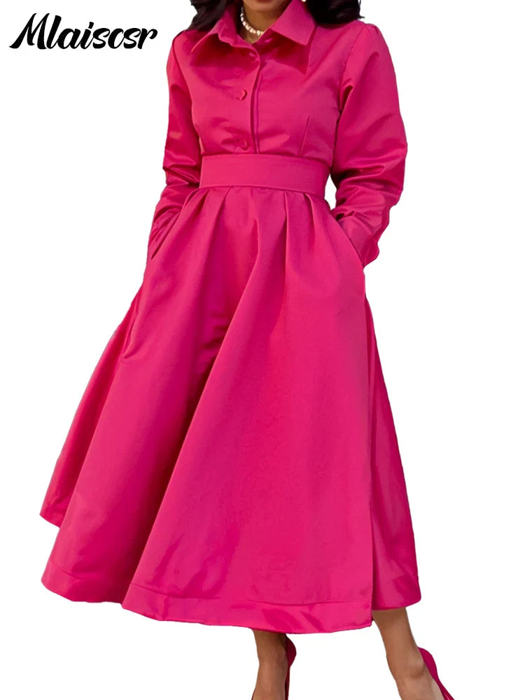 Back view of the Mlaiscsr Khaki Midi Dress highlighting the single-breasted closure and chic empire waistline, blending sophistication with comfort.