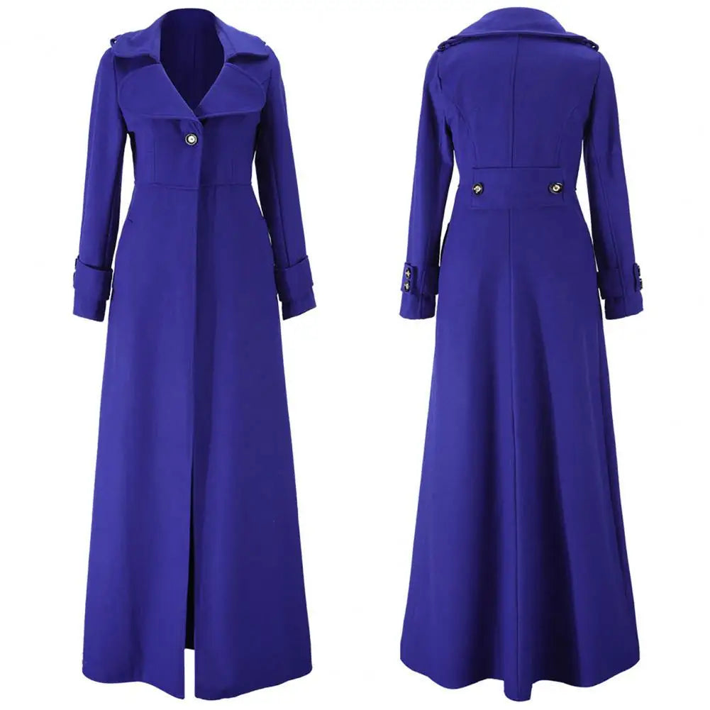 Elegant women's long woolen trench coat in a flattering slim fit, designed for warmth and style during the winter season.