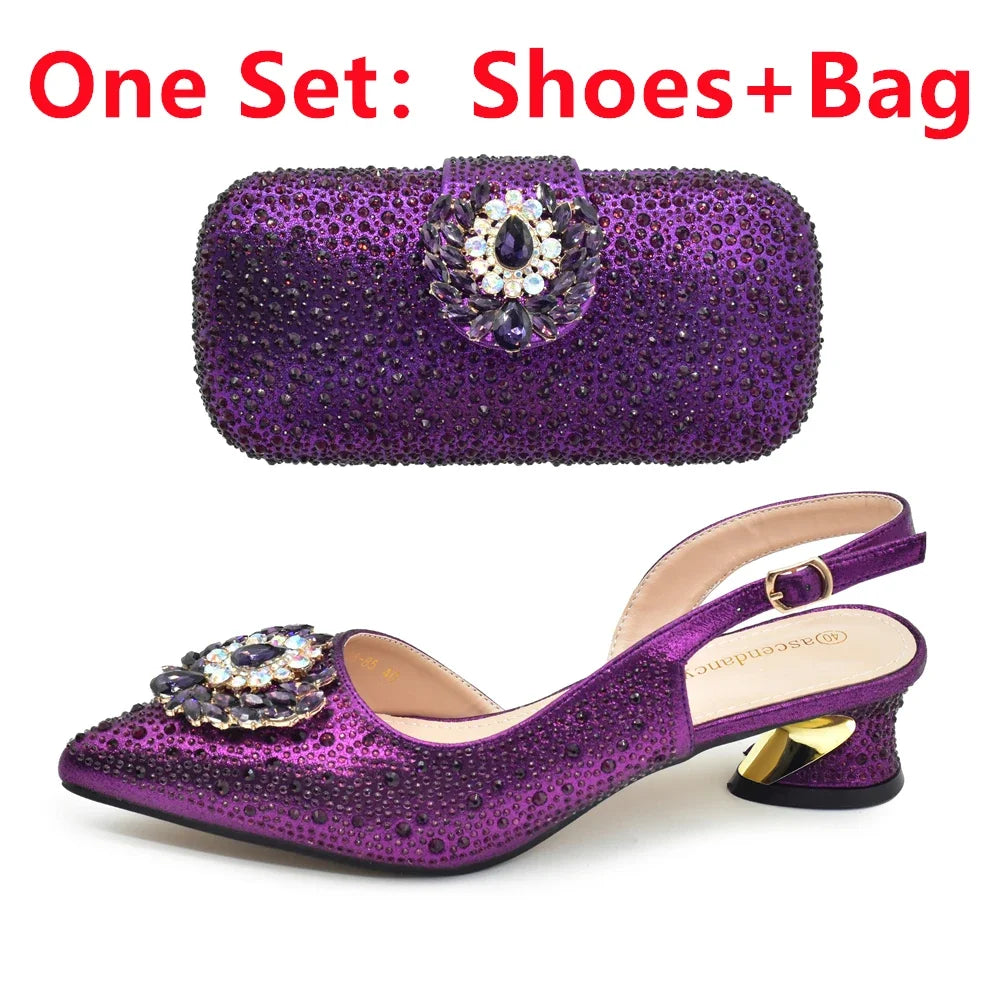 Matching elegant handbag set with rhinestone detailing, complementing Italian women's pumps heels for a cohesive and sophisticated look.