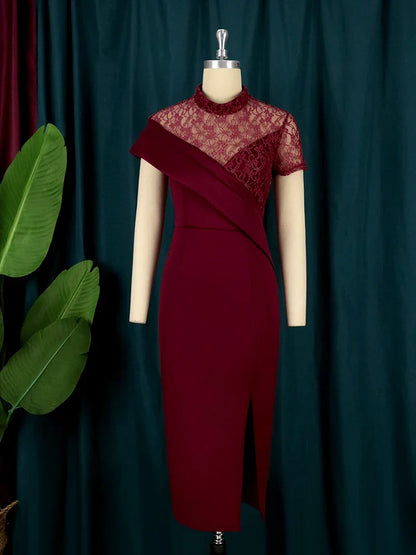 Stylish Black Lace Patchwork Midi Dress for Women, designed with a turtleneck and sexy slit, perfect for making a bold fashion statement.