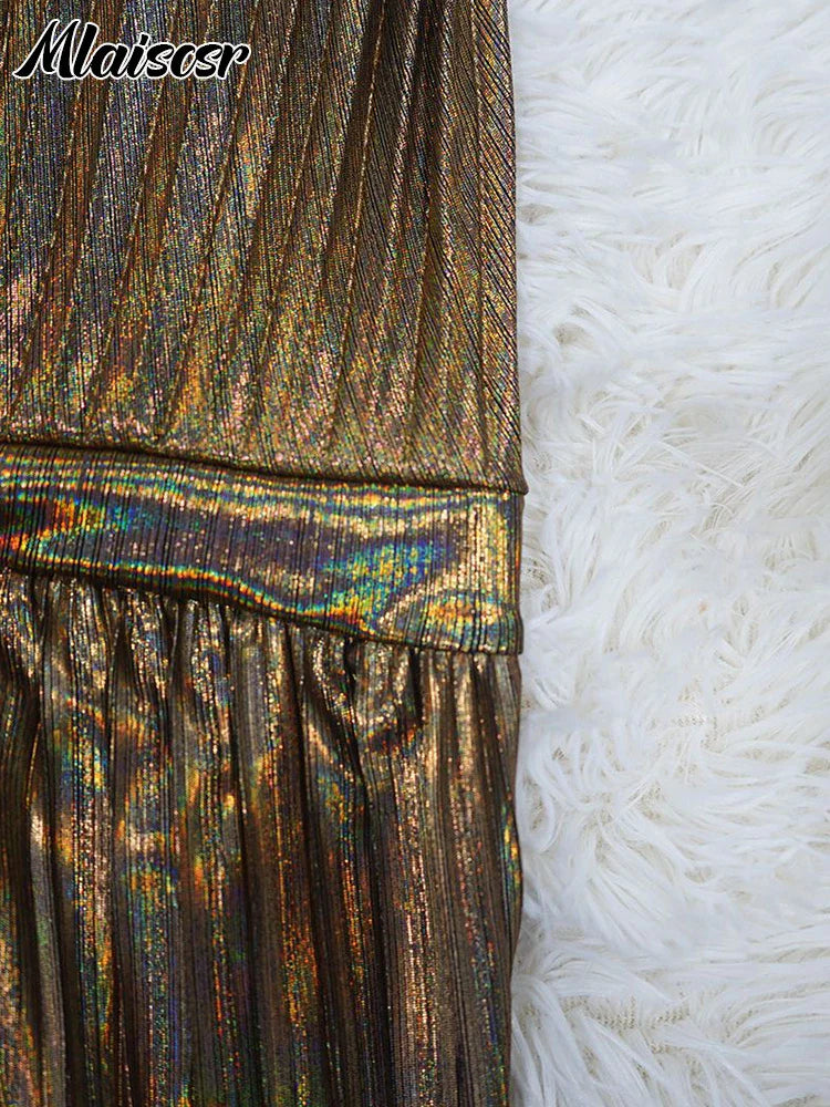 Women's luxury metallic gold A-line evening dress with pleated design and one shoulder sleeve, perfect for glamorous events.