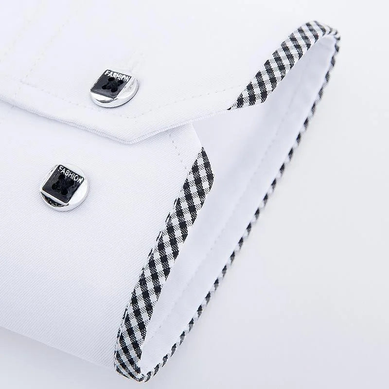Sophisticated men's white dress shirt with a single breasted closure, showcasing fine craftsmanship and a contemporary slim fit style.