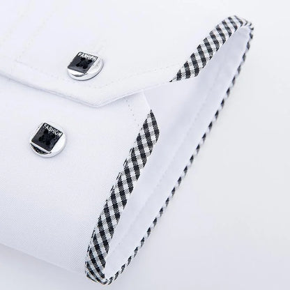 Sophisticated men's white dress shirt with a single breasted closure, showcasing fine craftsmanship and a contemporary slim fit style.