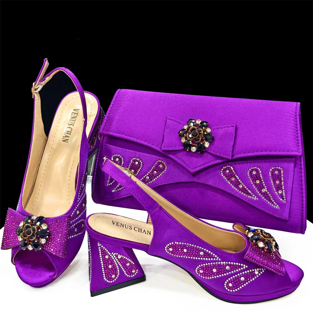 Lavish Venus Chan Bow Rhinestones Heels and matching handbag set, showcasing modern elegance and sophistication for women.
