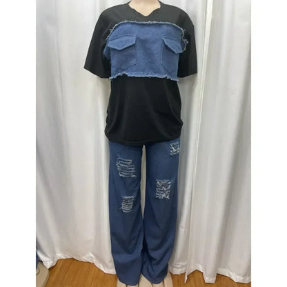 Fashion-forward women's denim set with a stunning African Dashiki pattern, combining comfort and elegance for summer wear.