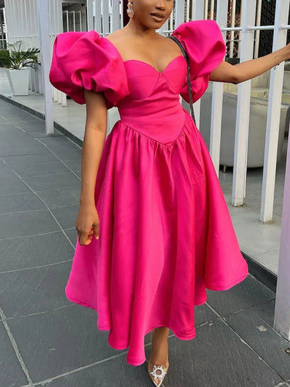 Luxury Deep Pink A-Line Midi Dress for Women featuring a Sweetheart Neckline, Puff Sleeves and Backless Design, perfect for elegant evening parties.