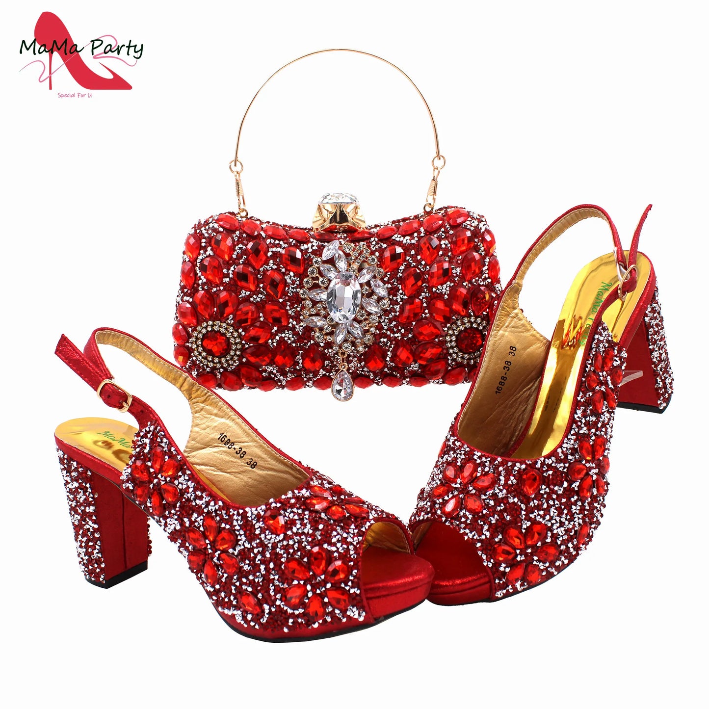 Close-up view of luxurious crystal detailing on women’s red sandals, showcasing exquisite craftsmanship and glamour.